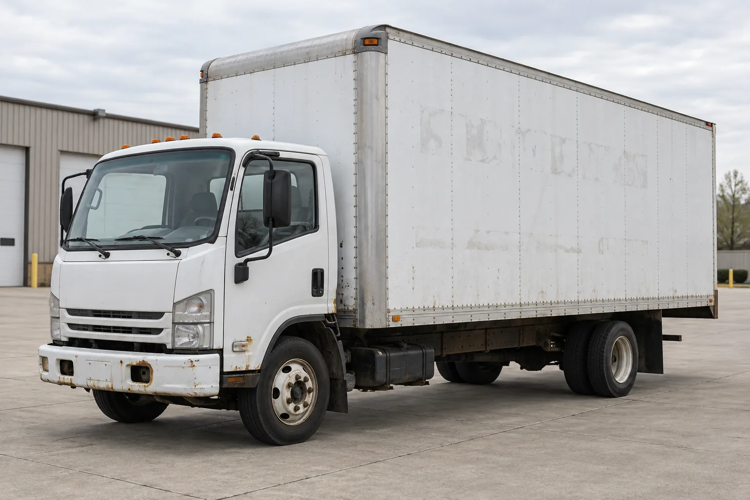 Original fictional concept of an older weathered white box truck before a proposed commercial rebrand