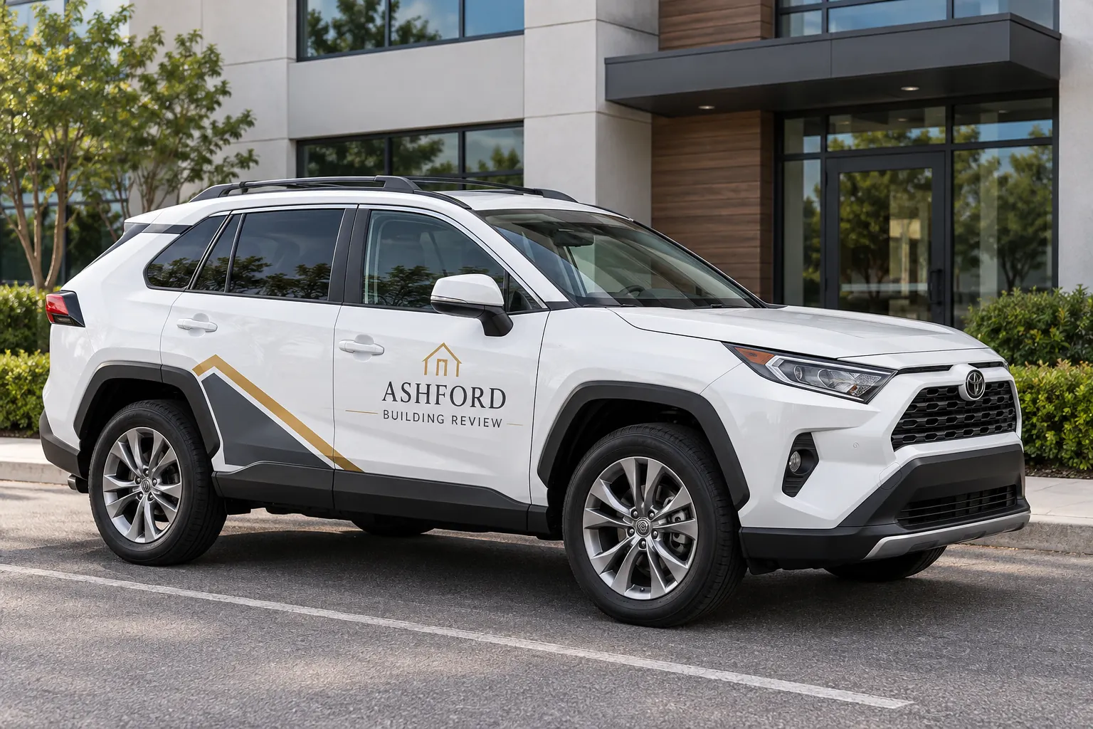 Fictional Ashford Building Review white SUV with graphite and gold commercial graphics