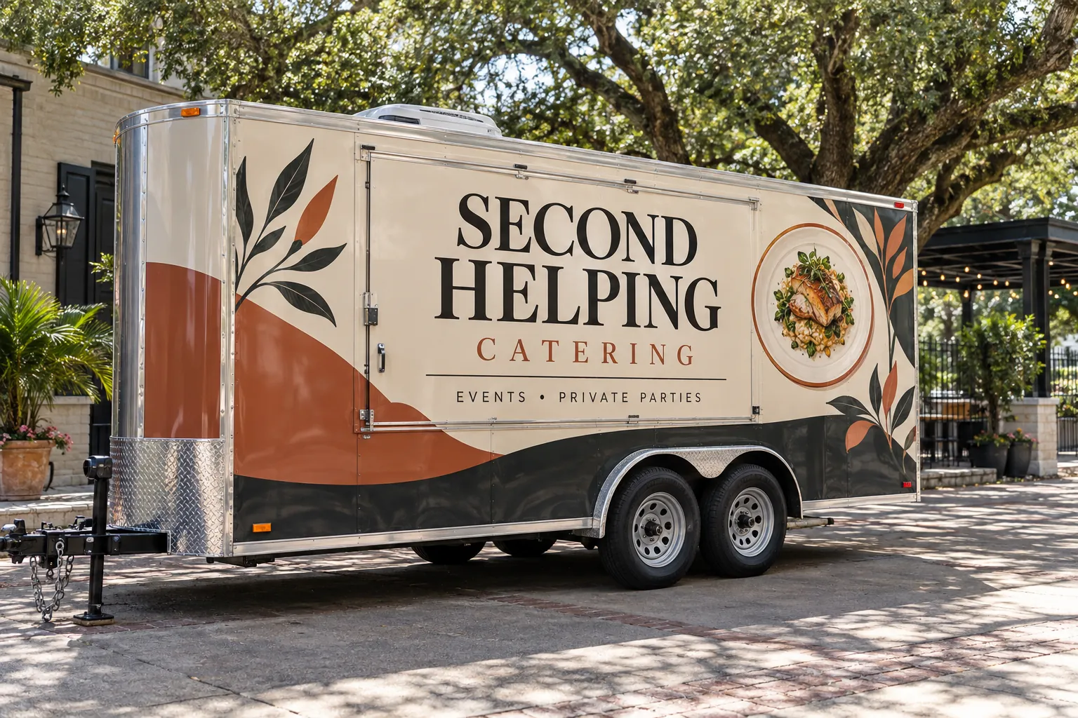 Second Helping Catering cream-and-terracotta concession trailer wrap, fictional design concept