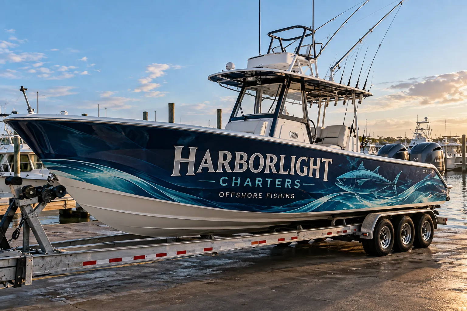 Pelican Wraps charter-fishing-boat design concept Harborlight Charters indigo-and-seafoam fishing boat graphics, fictional design concept
