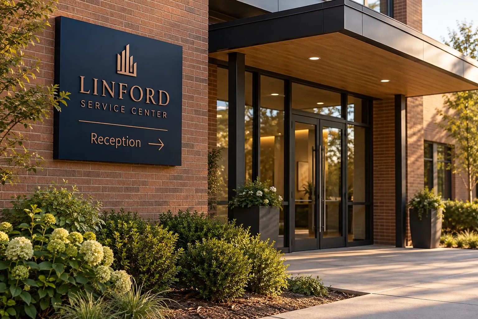 Commercial Entrance Wayfinding Graphics — fictional commercial concept Fictional Linford Service Center entrance with a restrained Reception direction concept