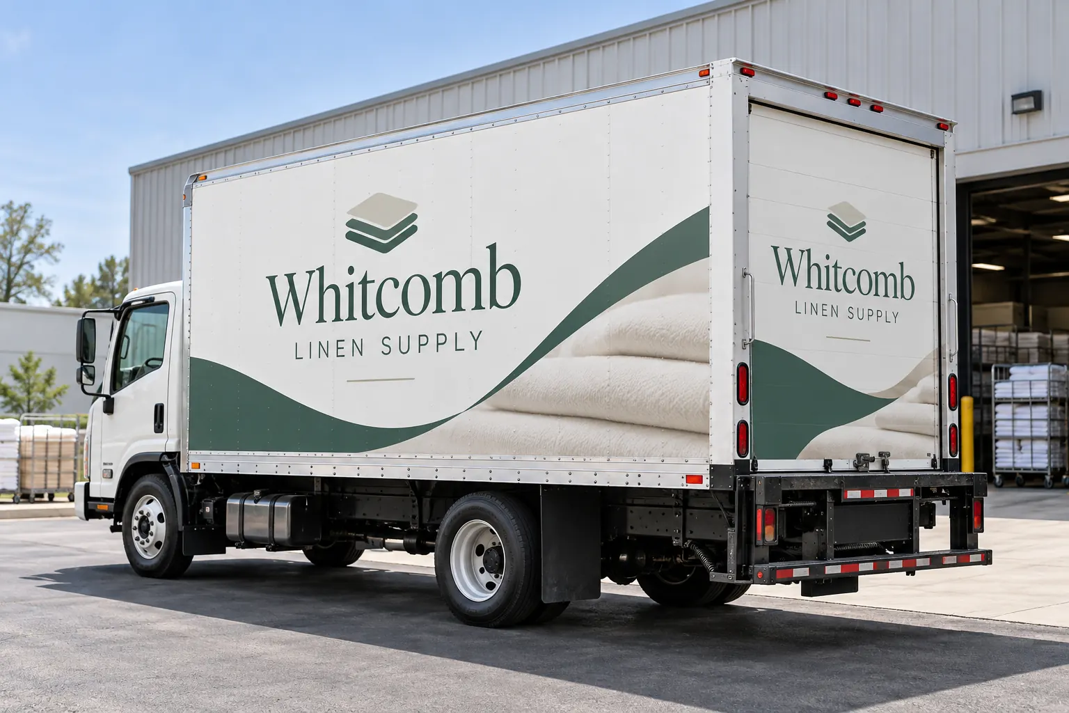 Commercial Laundry Delivery Graphics — fictional commercial concept Fictional Whitcomb Linen Supply white box truck with jade graphics and folded-linen motif