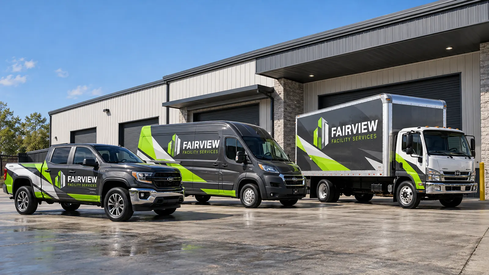 Pelican Wraps commercial-vehicle-options-page-7 original concept Fairview Facility Services pickup, van and box truck for the vehicle directory, fictional design concept
