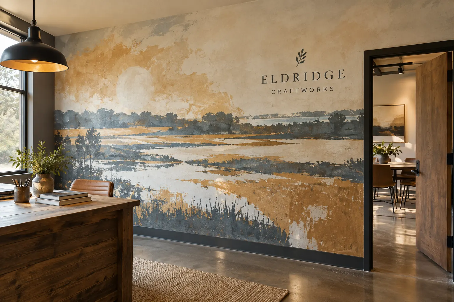 Commercial Wall Mural Artwork Crop Planning — fictional commercial concept Original fictional Eldridge Craftworks abstract wall-mural concept with a doorway in context