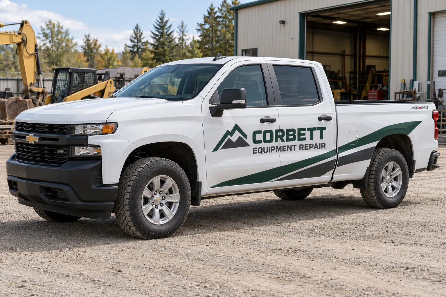 Crew Cab Pickup Door Graphics Layout — fictional commercial concept Fictional Corbett Equipment Repair four-door pickup with green and charcoal cab graphics