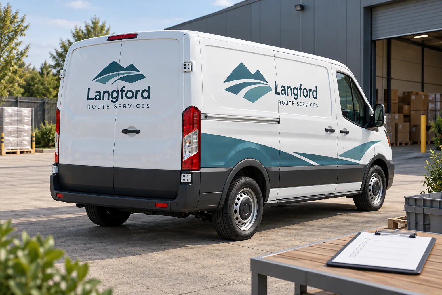 Delivery Fleet Driver Handoff Graphics Checklist — fictional commercial concept Fictional Langford Route Services white delivery van beside a handoff checklist in a depot
