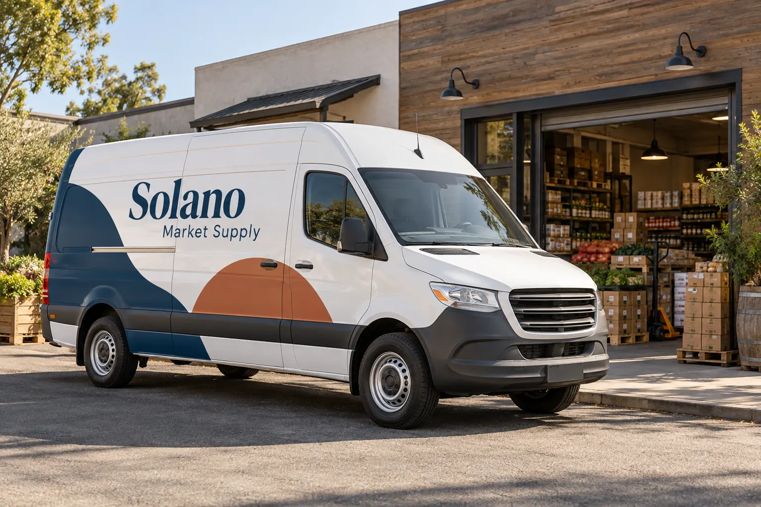 Delivery Vehicle Multilingual Graphics Brief — fictional commercial concept Fictional Solano Market Supply delivery van with blue and terracotta identity; no verified translated copy