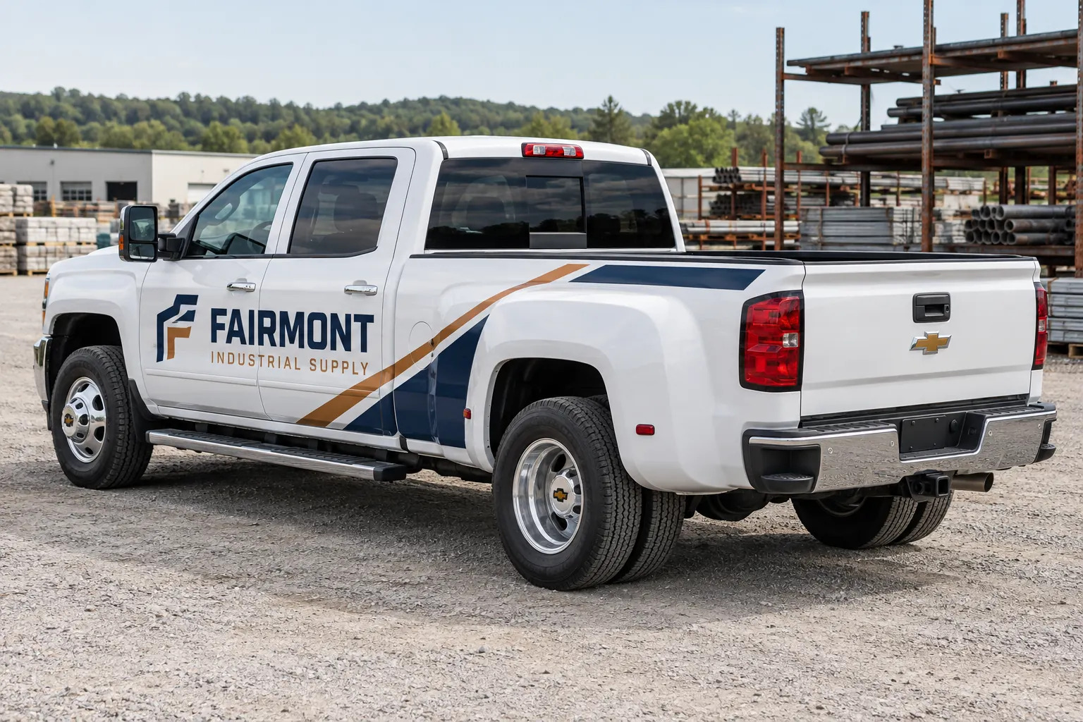 Dually Pickup Bed Graphics Planning — fictional commercial concept Fictional Fairmont Industrial Supply dually pickup with navy and copper graphics around wide rear fenders