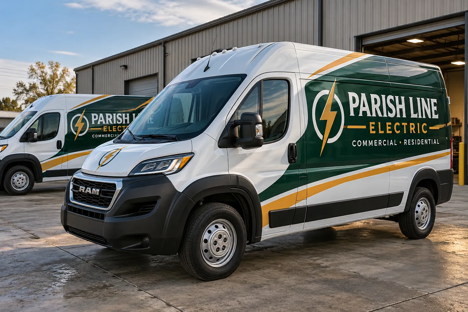 Pelican Wraps electrical-service-vans design concept Parish Line Electric matching green-and-white service van graphics, fictional design concept