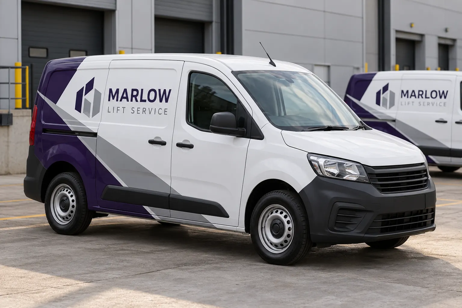 Elevator Service Vehicle Graphics — fictional commercial concept Fictional Marlow Lift Service compact white vans with purple and silver geometric graphics