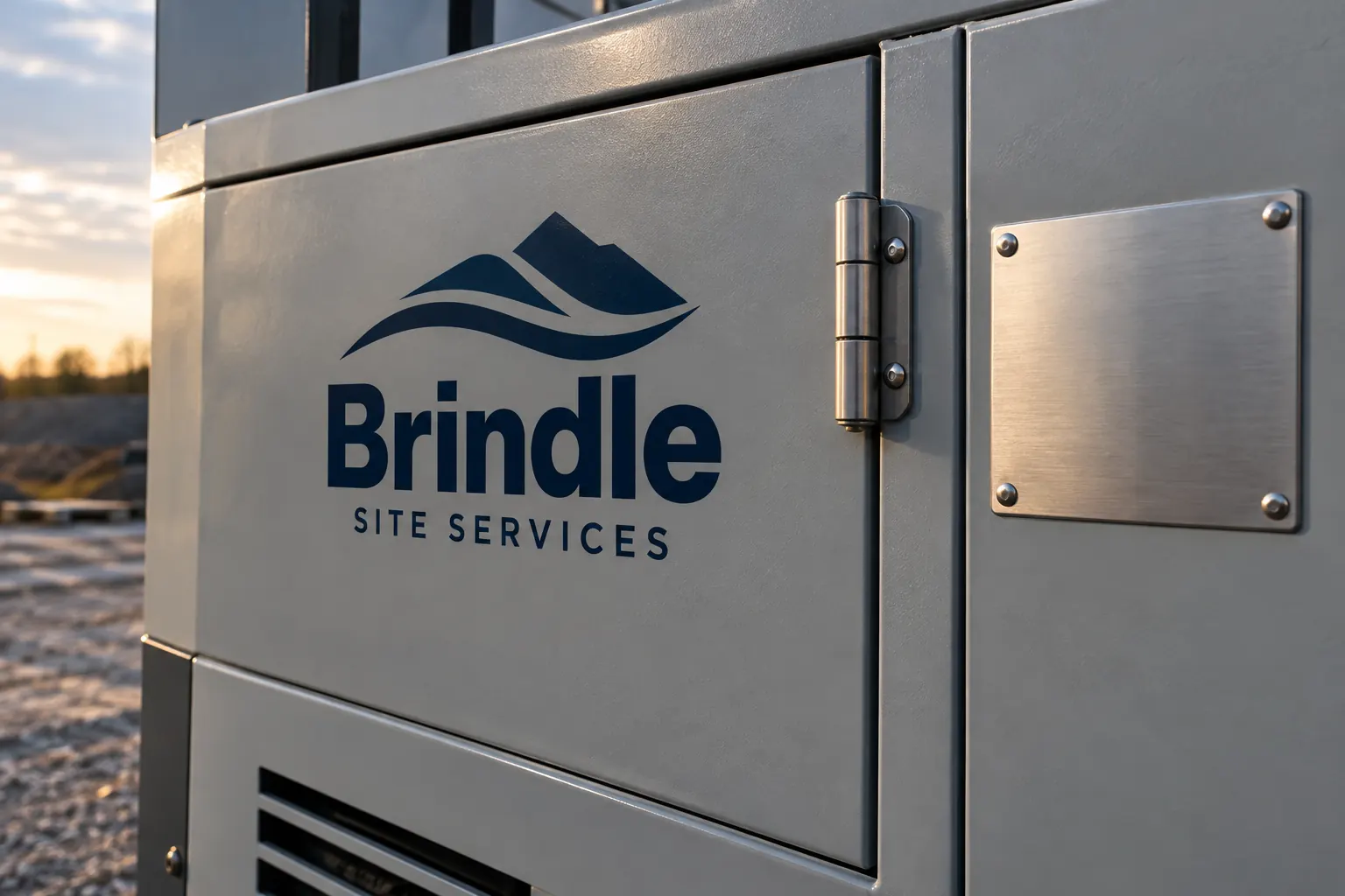 Equipment Brand Plate Preservation Guide — fictional commercial concept Fictional Brindle Site Services equipment panel with company branding separate from a plain metal identification plate