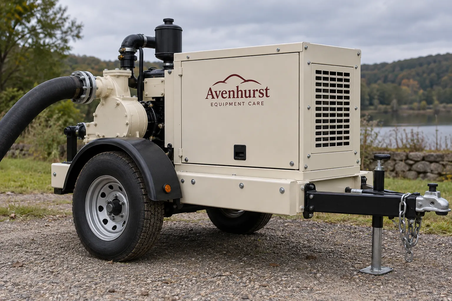 Fictional Avenhurst Equipment Care pump trailer shown as an overall replacement-record reference concept