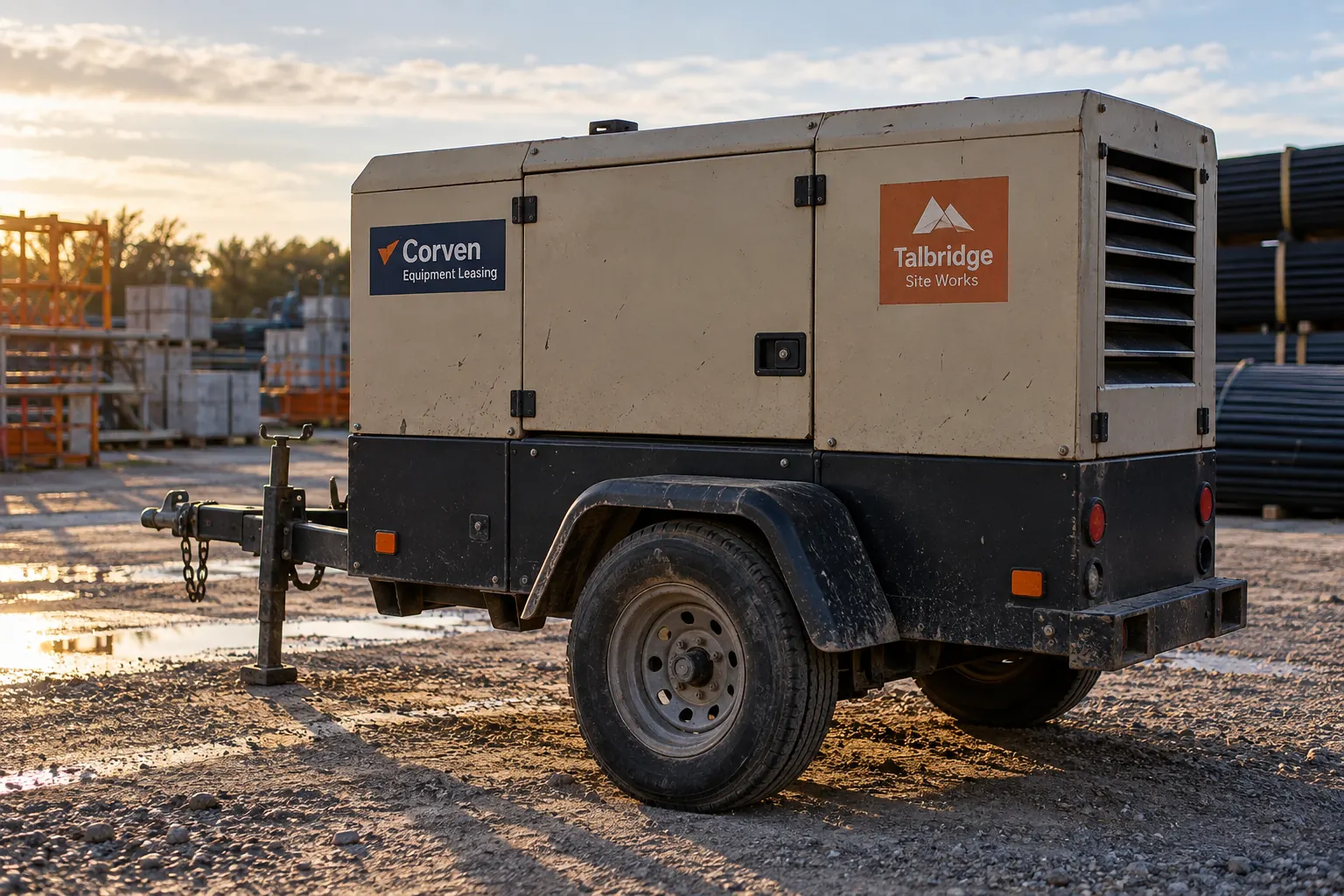 Equipment Owner vs Operator Branding Checklist — fictional commercial concept Fictional Corven Equipment Leasing and Talbridge Site Works shown as separate identity concepts on one equipment enclosure