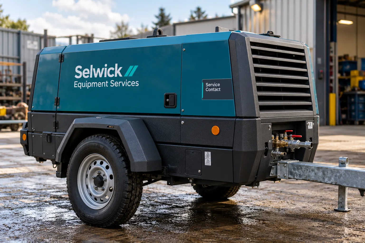Equipment Service Contact Decal Planning — fictional commercial concept Fictional Selwick Equipment Services compressor with a separate service contact concept panel