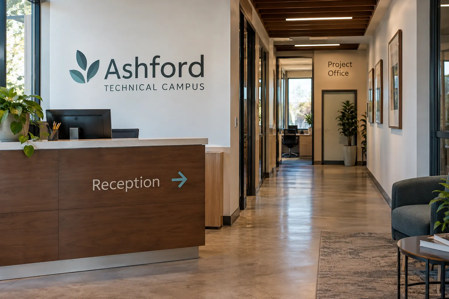 Facility Visitor Route Graphics Planning — fictional commercial concept Fictional Ashford Technical Campus interior communication concept; not an approved visitor-route plan