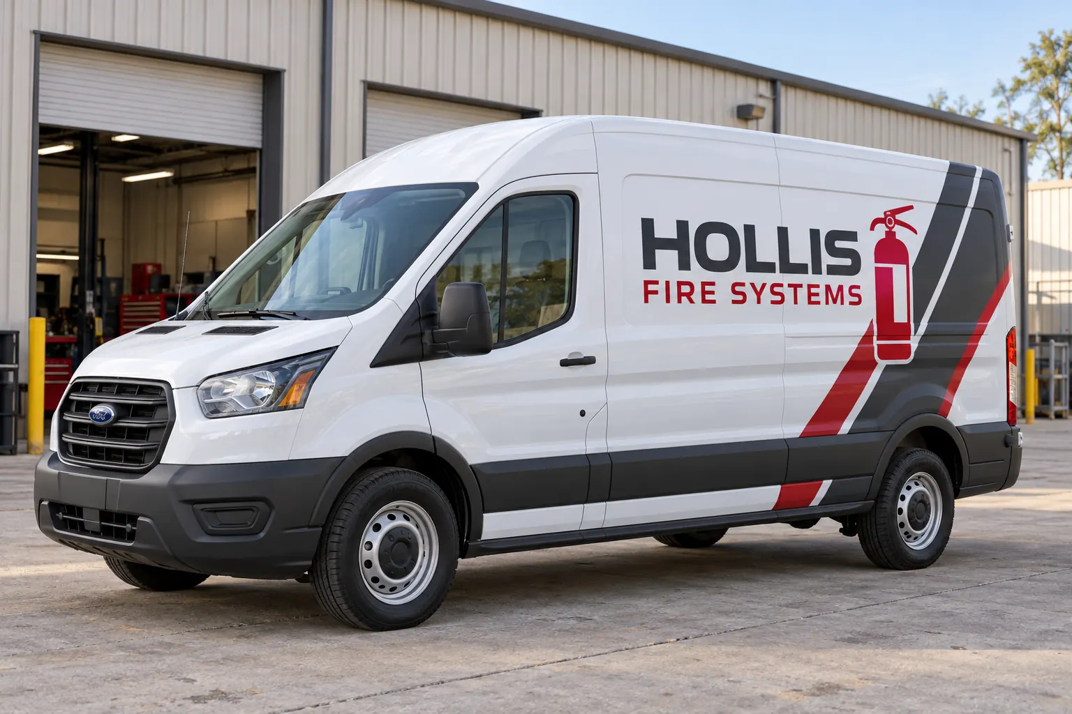 Fictional Hollis Fire Systems white service van with charcoal and crimson partial graphics