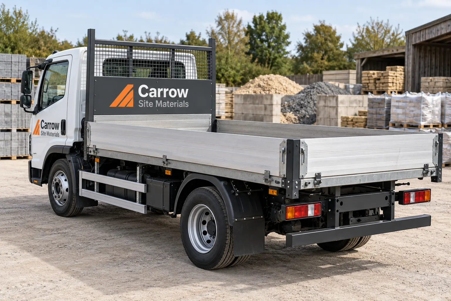 Flatbed Headboard Graphics Planning — fictional commercial concept Fictional Carrow Site Materials flatbed truck with charcoal and orange headboard identity