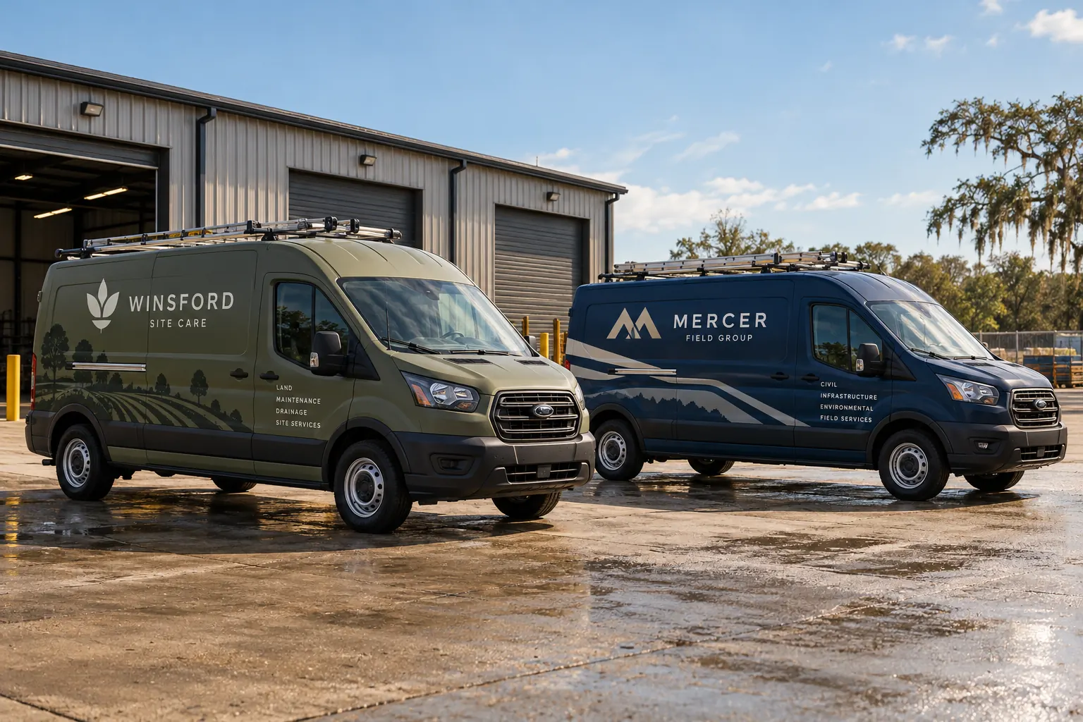 Fleet Acquisition Logo Transition Register — fictional commercial concept Fictional Winsford Site Care and Mercer Field Group vans illustrating two distinct identity states