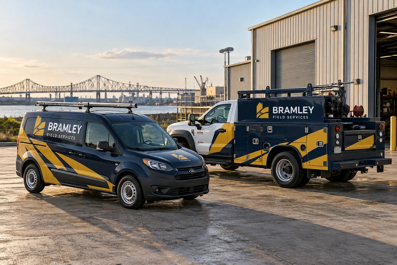Fleet Brand Exception Approval Rules — fictional commercial concept Fictional Bramley Field Services compact van and utility truck with adapted coordinated identity layouts
