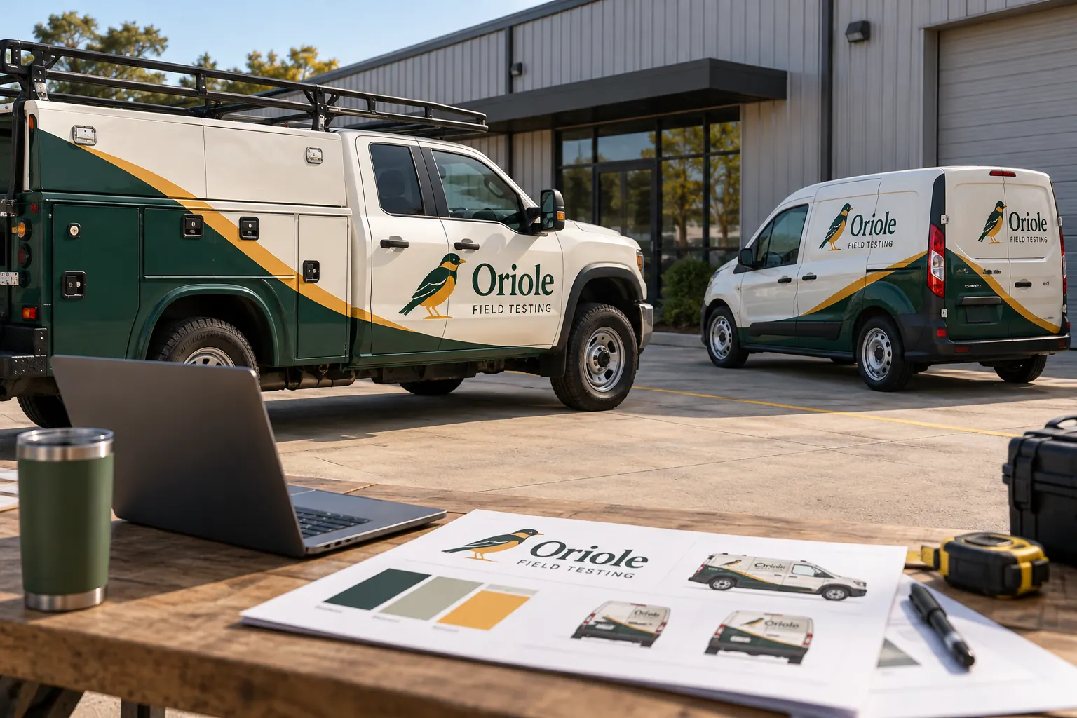 Fleet Brand File Handoff Checklist — fictional commercial concept Oriole Field Testing truck and van with brand reference sheet, fictional file-handoff concept