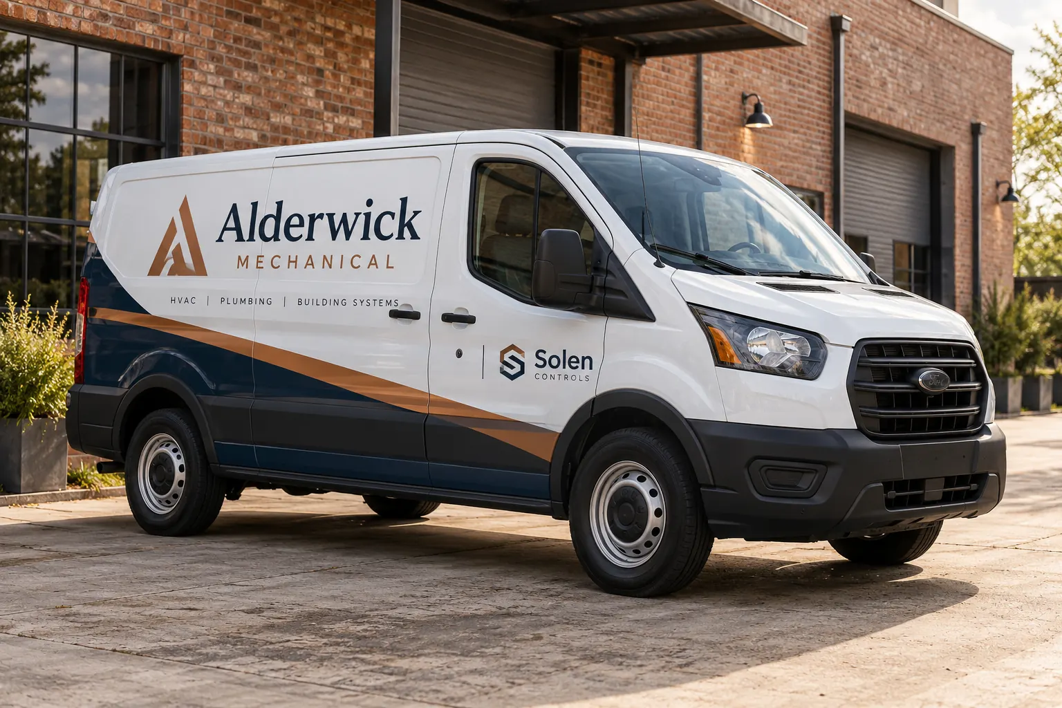 Fleet Co-Branding Approval Checklist — fictional commercial concept Fictional Alderwick Mechanical van with a smaller separate Solen Controls partner identity