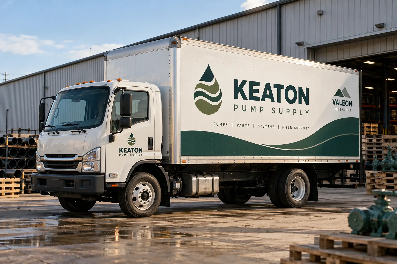 Fleet Distributor Brand Permission Checklist — fictional commercial concept Fictional Keaton Pump Supply delivery truck with a subordinate Valeon Equipment mark