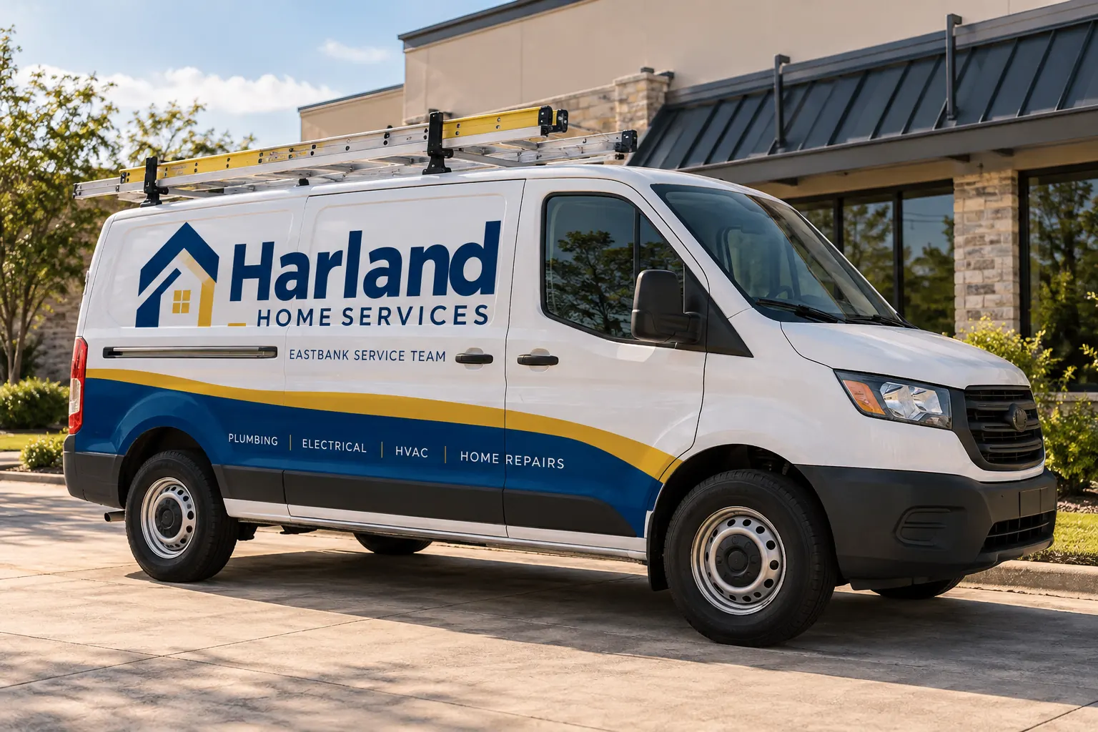 Fleet Franchise Territory Graphics Approval — fictional commercial concept Fictional Harland Home Services van with a subordinate Eastbank Service Team descriptor