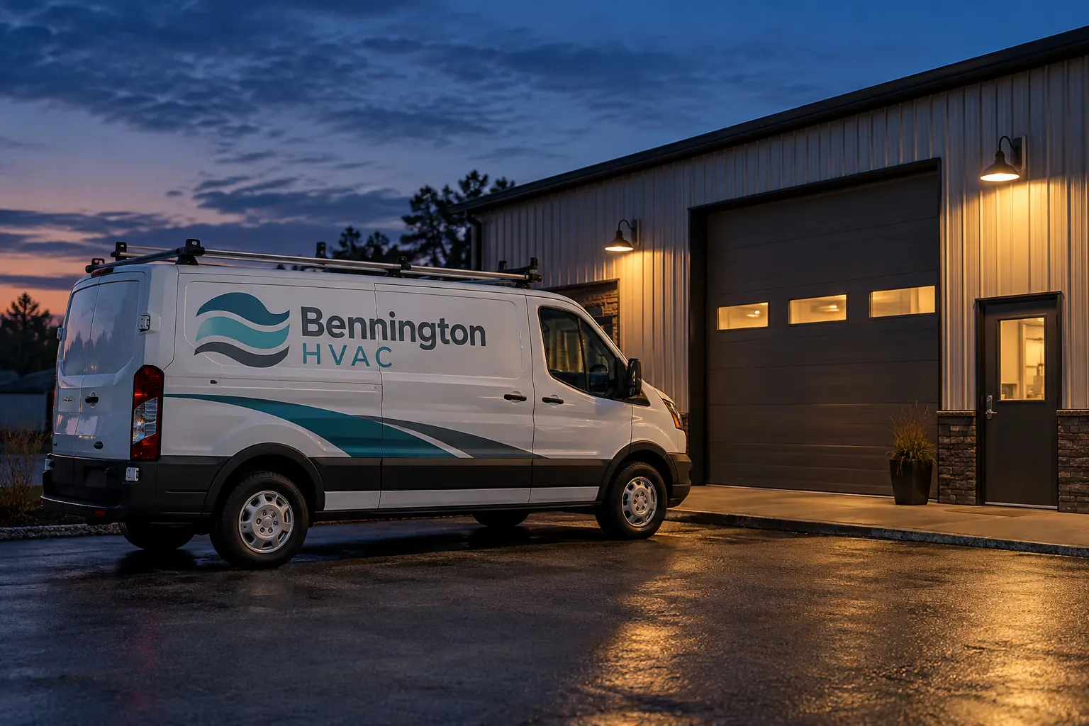 Fleet Graphics After Hours Handoff Planning — fictional commercial concept Fictional Bennington HVAC van at dusk used as a handoff-planning concept without a service availability claim