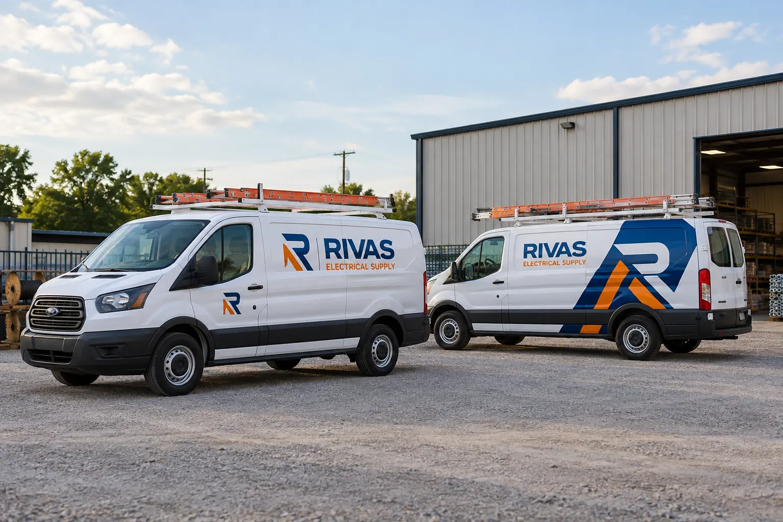 Fleet Graphics Bid Comparison Worksheet — fictional commercial concept Fictional Rivas Electrical Supply vans illustrating a fleet graphics bid comparison planning scene