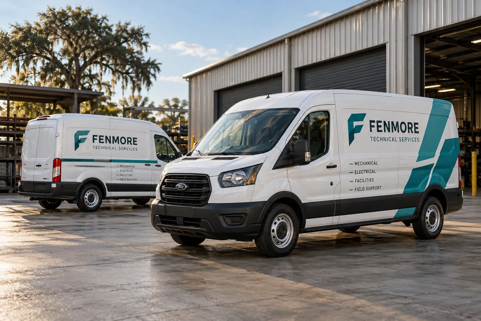 Fleet Graphics Brand Standards Change Log — fictional commercial concept Fictional Fenmore Technical Services vans with two distinct teal graphic treatments
