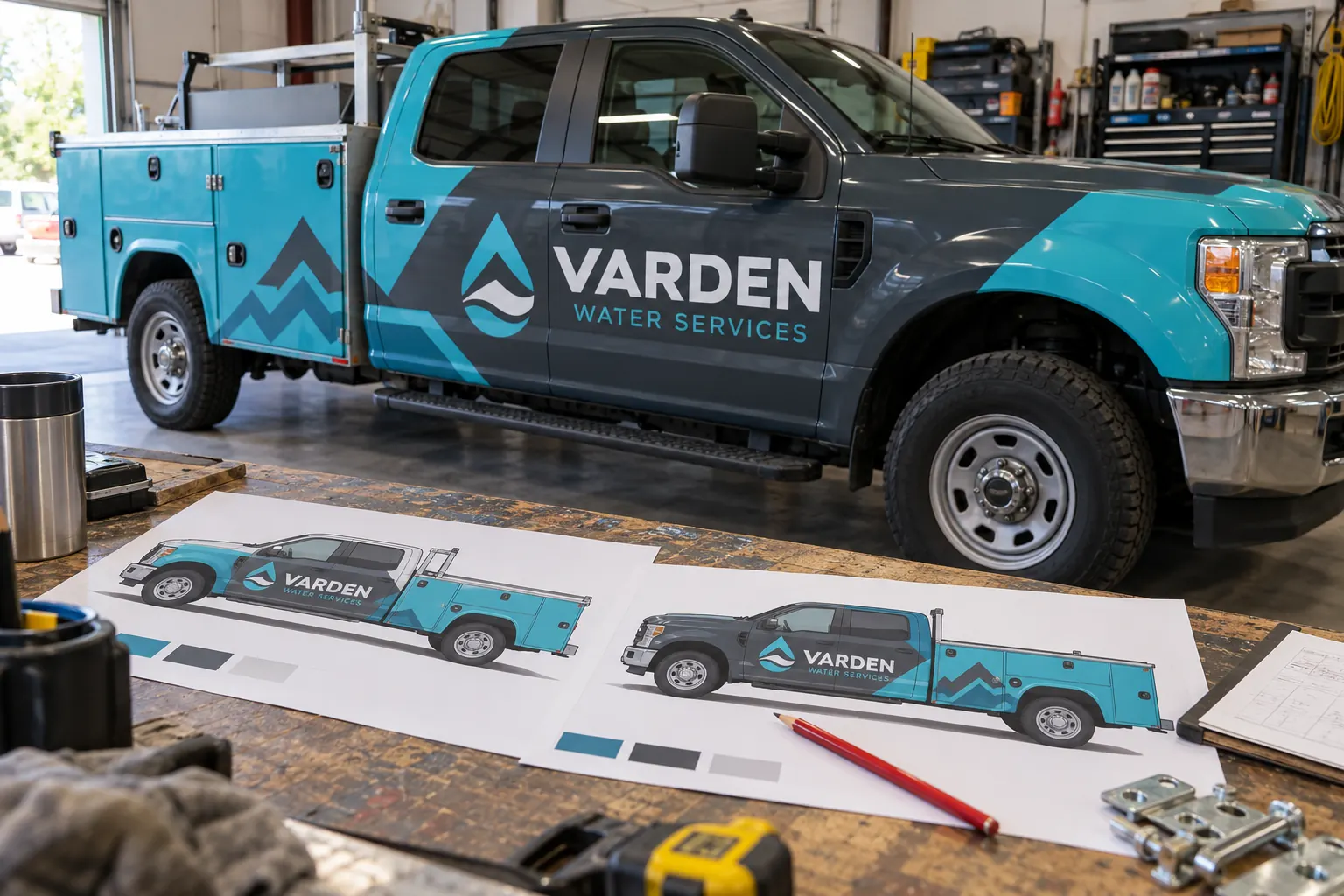 Fleet Graphics Change Order Checklist — fictional commercial concept Varden Water Services service truck and revised proofs, fictional scope-change concept