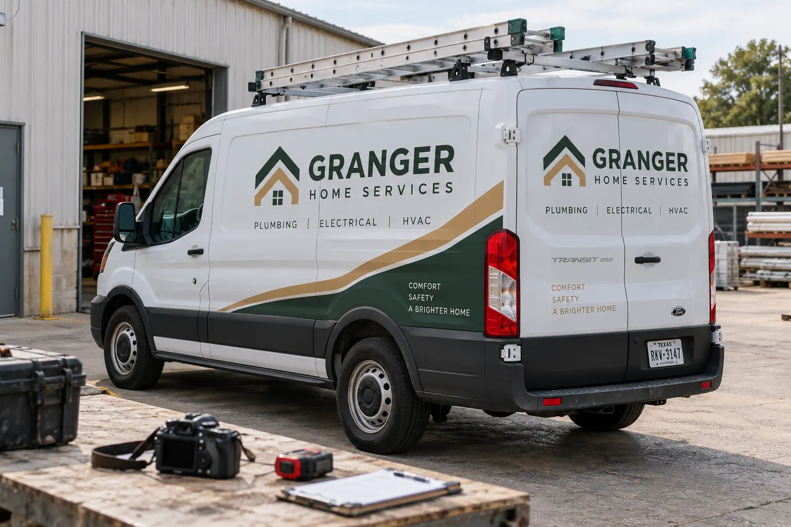 Fleet Graphics Completion Photo Review — fictional commercial concept Fictional Granger Home Services van and camera used as a completion-photo evidence planning concept