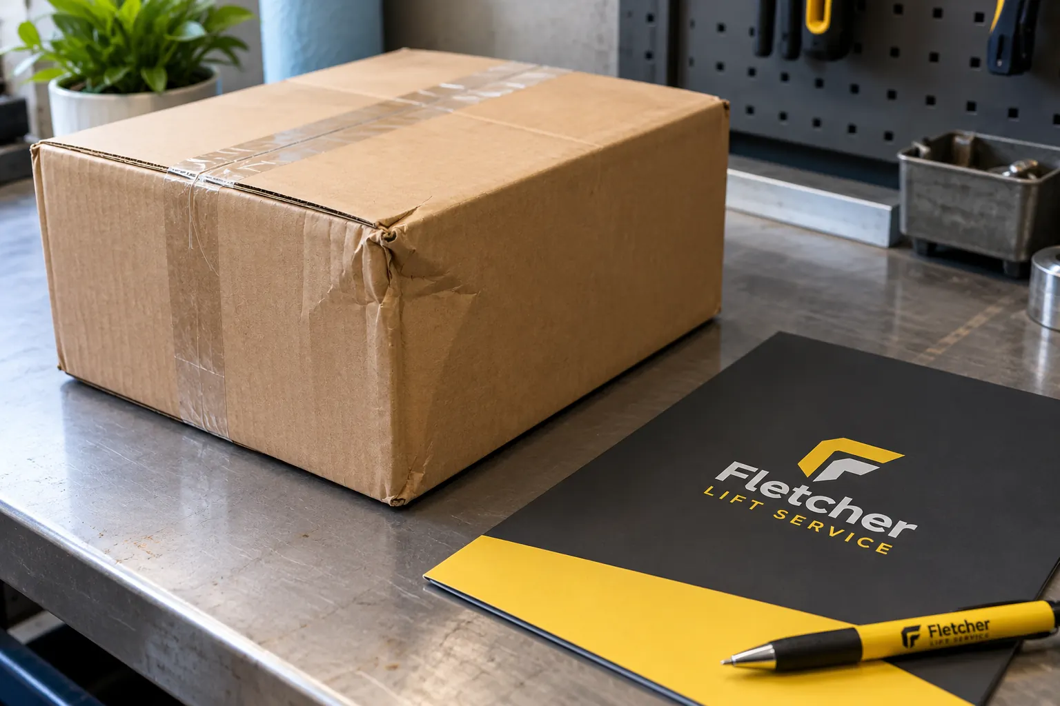 Fictional Fletcher Lift Service sample beside a dented shipping carton for a delivery reporting concept