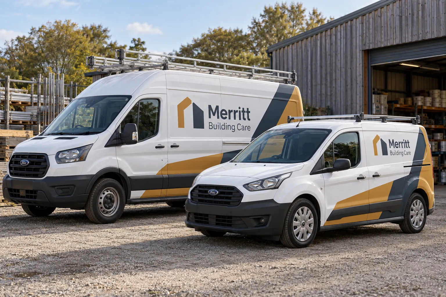 Fleet Graphics Exception Register — fictional commercial concept Merritt Building Care vans with different bodies and ladder racks, fictional exception planning concept