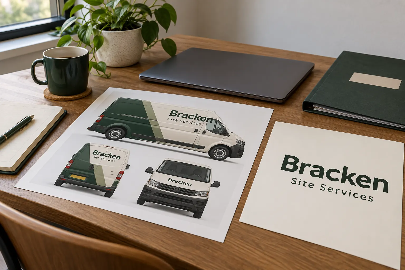 Fleet Graphics Font Licensing Handoff — fictional commercial concept Fictional Bracken Site Services typography specimen and van proof on a design desk