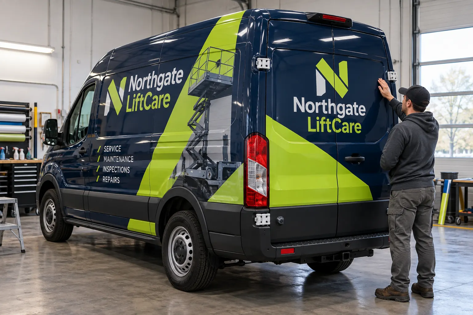 Fleet Graphics Installation Acceptance Checklist — fictional commercial concept Northgate LiftCare van inspected at the rear doors, fictional handoff concept