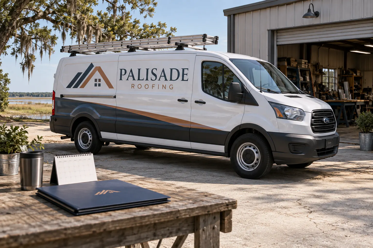Fleet Graphics Installation Reschedule Checklist — fictional commercial concept Fictional Palisade Roofing van and plain planning folder used as an appointment-change concept