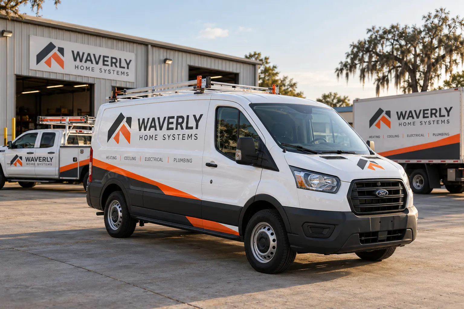 Fictional Waverly Home Systems van and supporting fleet at a dispatch depot; no telephone number or response promise