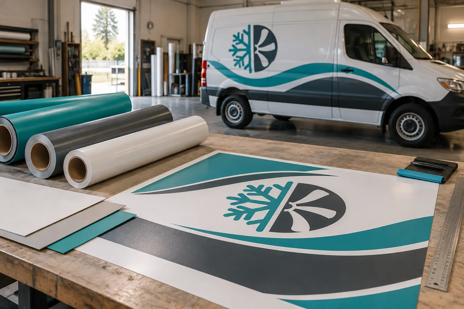 Fleet Graphics Material Submittal Review — fictional commercial concept Fictional Sandoval HVAC graphics samples beside unbranded material rolls for a material submittal planning concept