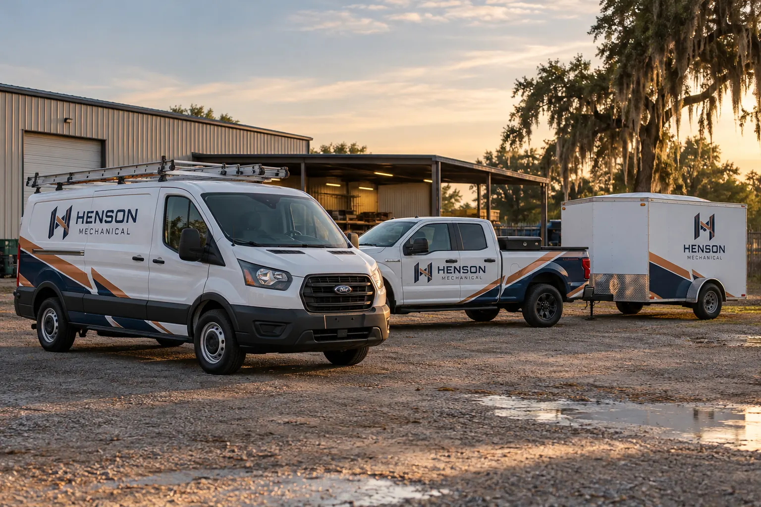 Fleet Graphics Multi-Year Refresh Budget Worksheet — fictional commercial concept Fictional Henson Mechanical van pickup and trailer used in a multi-year fleet graphics planning concept