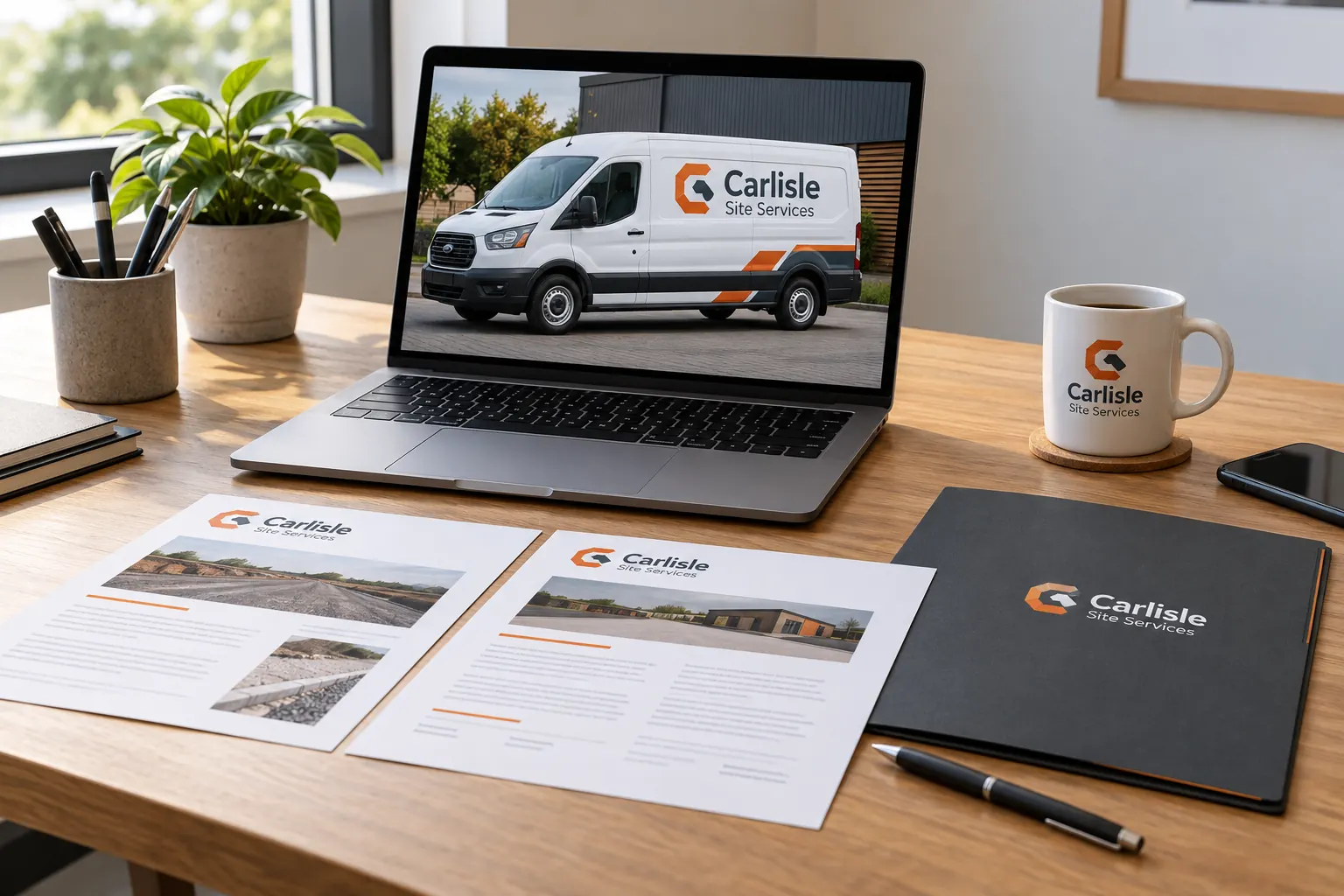 Fleet Graphics Multilingual Copy Approval — fictional commercial concept Fictional Carlisle Site Services copy-review desk with an orange and slate van identity