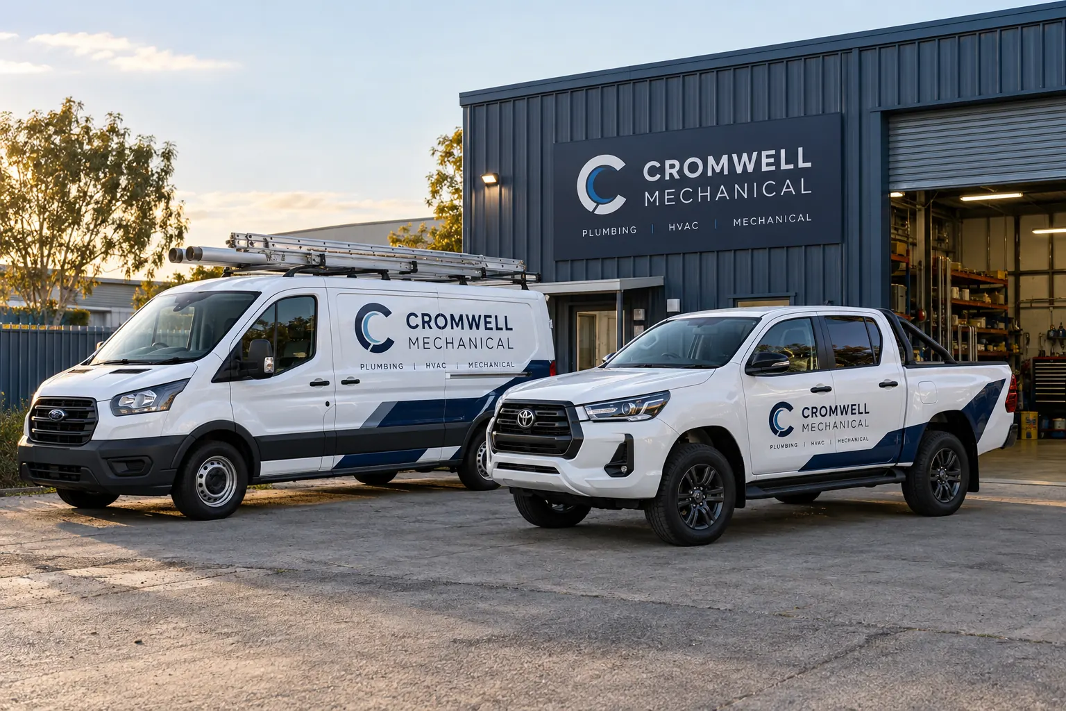 Fictional Cromwell Mechanical fleet vehicles used as a business-coverage planning concept without substitute availability claims