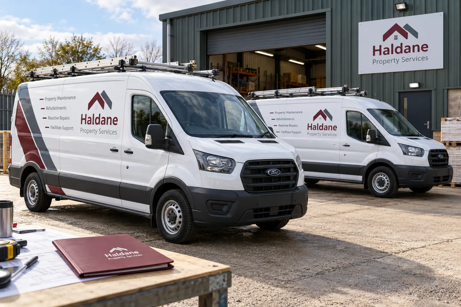 Fleet Graphics Phone Number Change Plan — fictional commercial concept Fictional Haldane Property Services vans with burgundy and slate identity; no real phone numbers