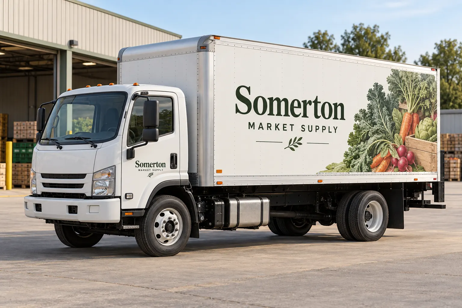 Fleet Graphics Photo Asset Licensing Checklist — fictional commercial concept Fictional Somerton Market Supply delivery truck with green identity and an original produce illustration