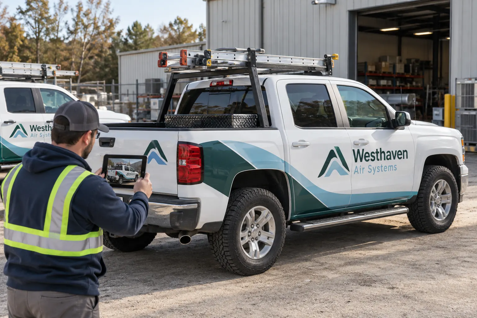 Fleet Graphics Photo Record Naming System — fictional commercial concept Westhaven Air Systems pickup photographed for a unit record, fictional survey concept