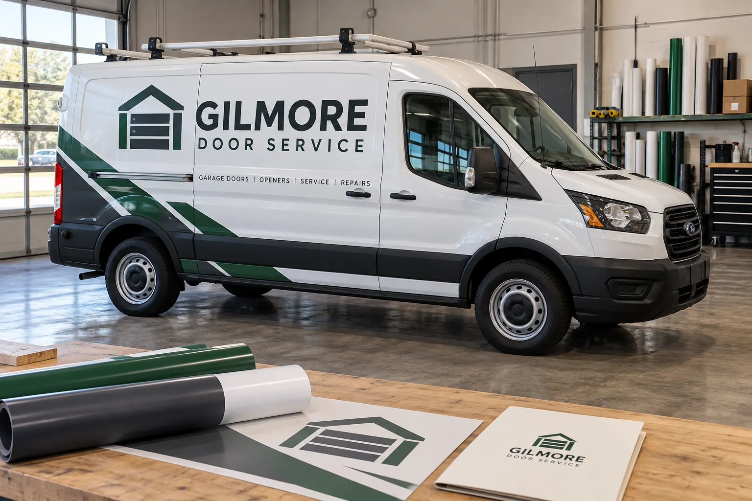 Fleet Graphics Print Panel Identification Plan — fictional commercial concept Fictional Gilmore Door Service van beside rolled graphic pieces and a project folder