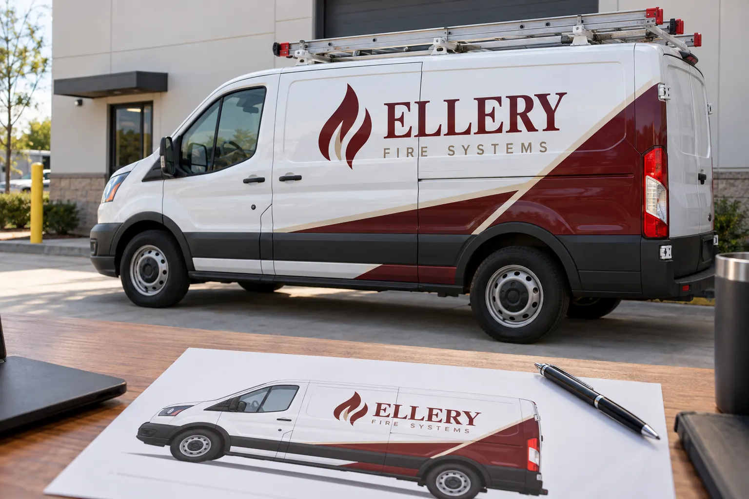 Fleet Graphics Proof Approval Record — fictional commercial concept Ellery Fire Systems van and side-view proof, fictional approval planning concept