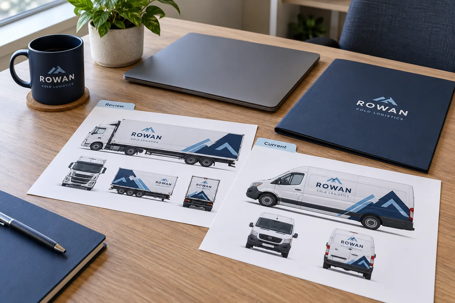 Fleet Graphics Proof Version Control — fictional commercial concept Fictional Rowan Cold Logistics review and current proof sheets on a design desk