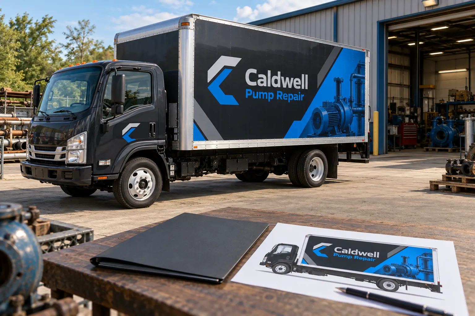 Fleet Graphics Purchase Order Scope Checklist — fictional commercial concept Caldwell Pump Repair box truck and project folder, fictional purchase scope concept