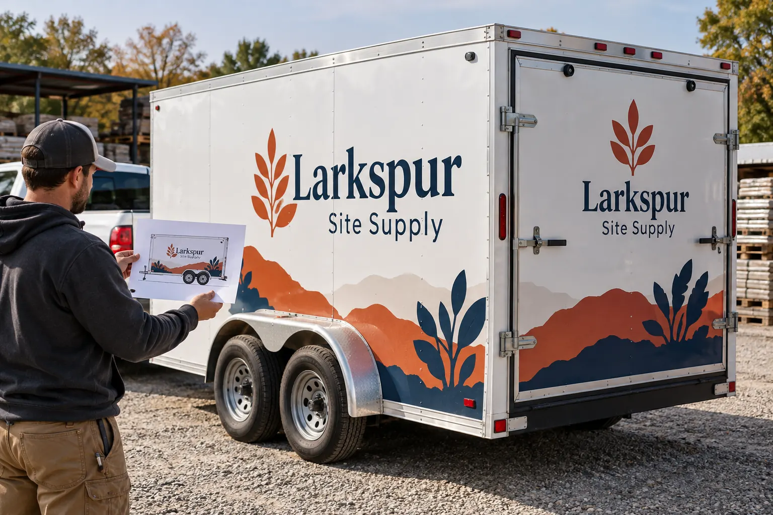 Fleet Graphics Reorder Specification Sheet — fictional commercial concept Larkspur Site Supply trailer with matching artwork sheet, fictional reorder planning concept